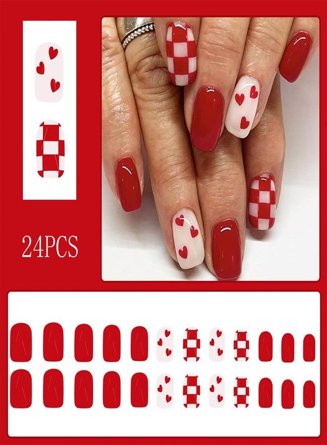HJKDSFD Short Valentine Press on Nails Square Fake Nails Red Heart Acrylic Checkerboard False Nails with Designs Short Square Glue on Nail Cute Glossy Holiday Artificial Nail for Women Girls 24Pcs - Image 2